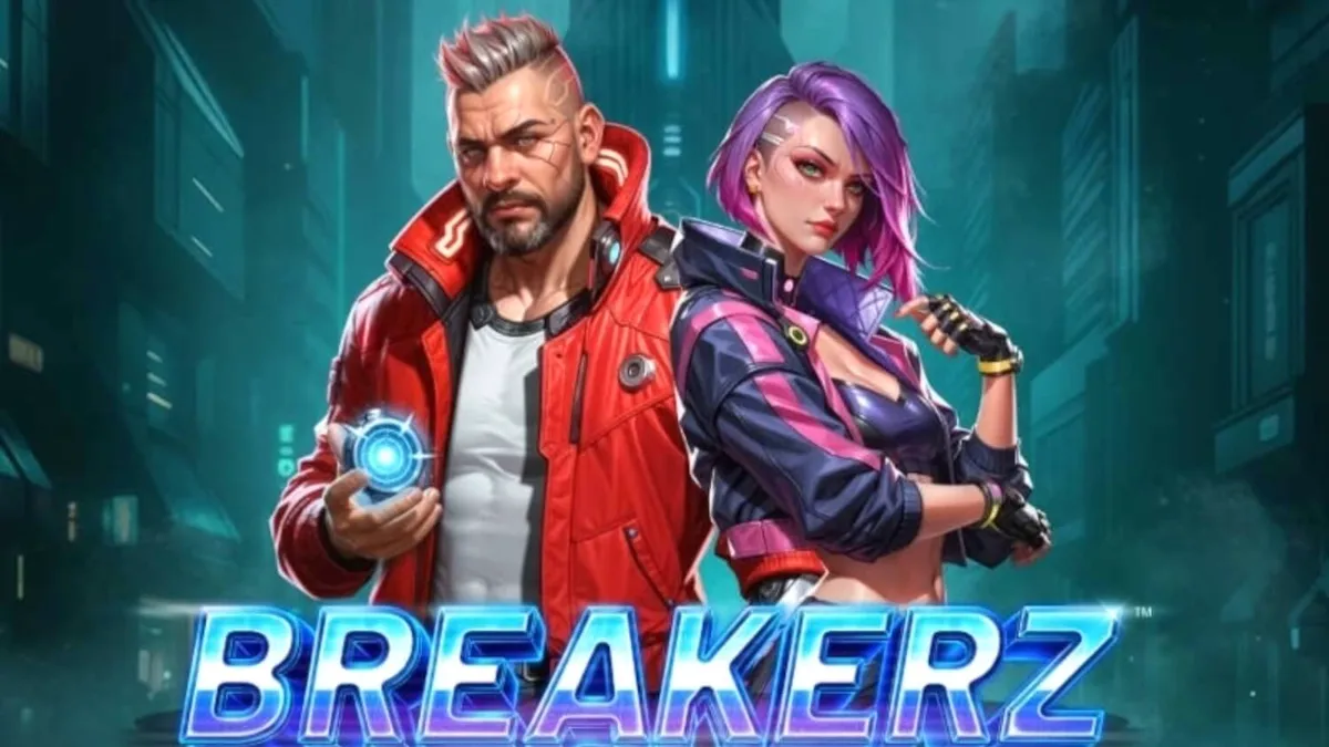 Interface futurista e neon do jogo de slot Breakerz da Betsoft