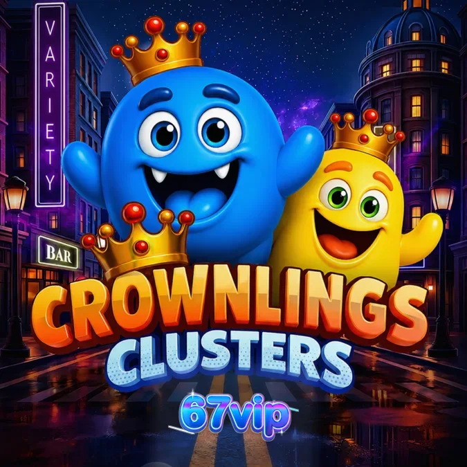Interface do jogo de slot Crownlings Clusters com grade 5x5 e símbolos coloridos